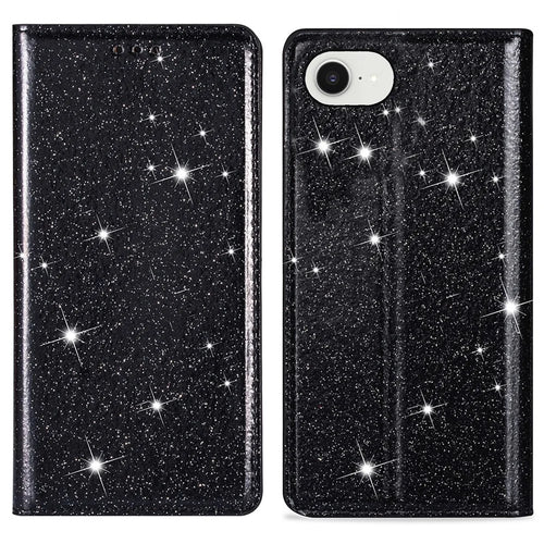 For iPhone 17e / 16e Case Glittery PU Leather + TPU Card Slot Phone Cover - Black - 1