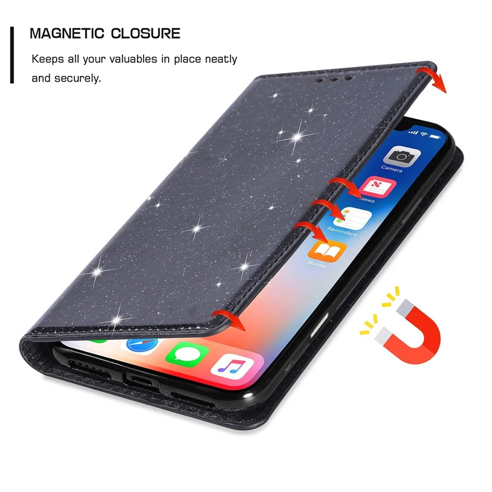 For iPhone 17e / 16e Case Glittery PU Leather + TPU Card Slot Phone Cover - Black - 4