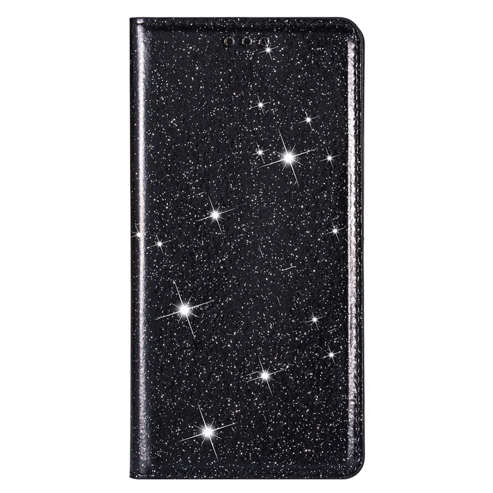 For iPhone 17e / 16e Case Glittery PU Leather + TPU Card Slot Phone Cover - Black - 6
