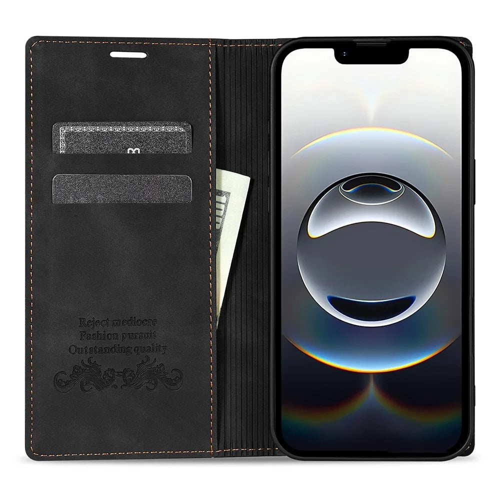 For iPhone 17e / 16e Wallet Case Magnetic Closing Leather Phone Cover - Black - 2