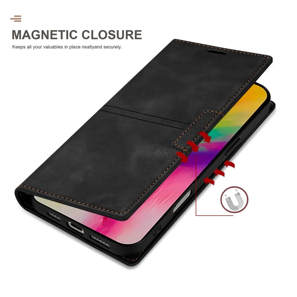 For iPhone 17e / 16e Wallet Case Magnetic Closing Leather Phone Cover - Black - 4