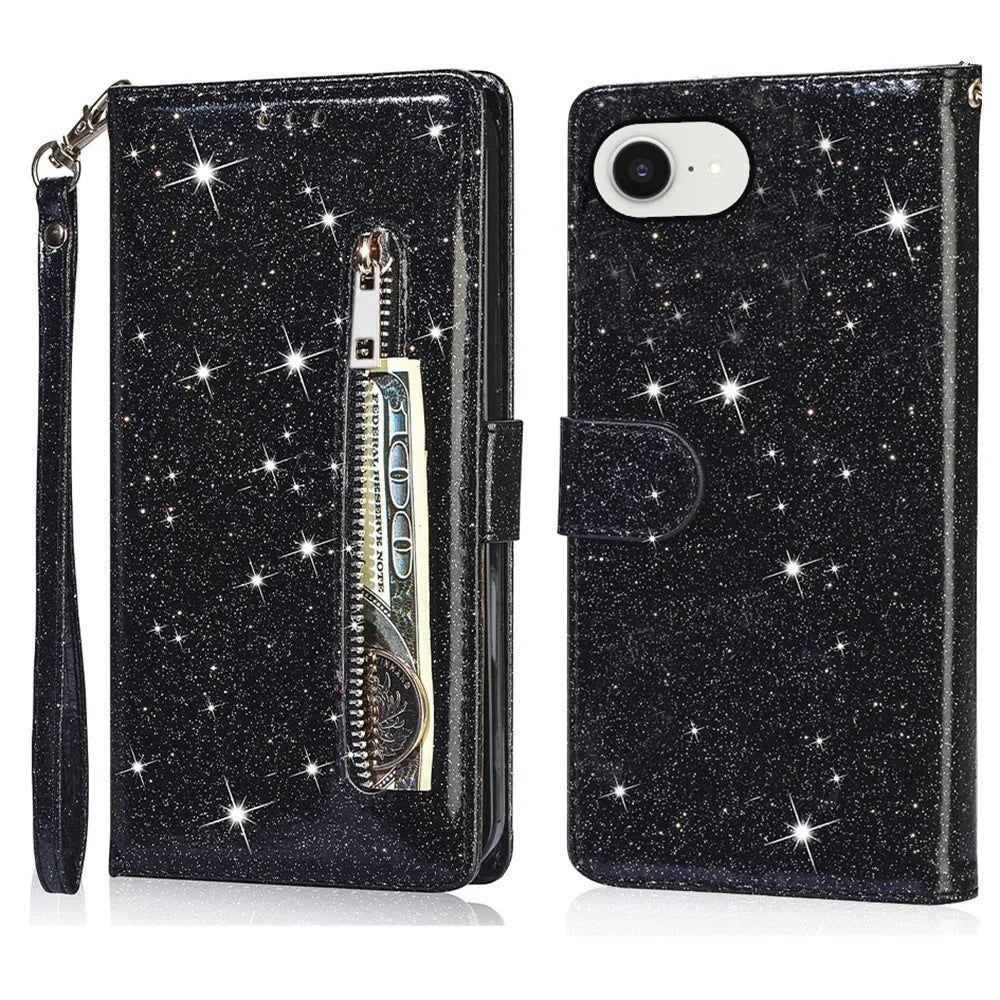 For iPhone 17e / 16e Stand Case Glitter Phone Leather Cover Zipper Pocket - Black - 1