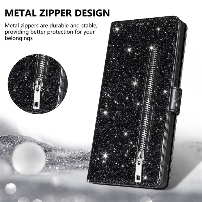 For iPhone 17e / 16e Stand Case Glitter Phone Leather Cover Zipper Pocket - Black - 7