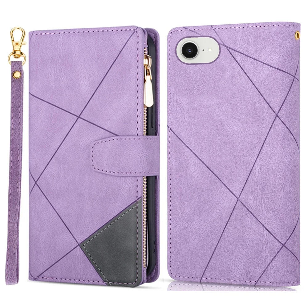For iPhone 17e / 16e Wallet Case Color Splicing Leather Phone Cover with Stand - Purple - 1
