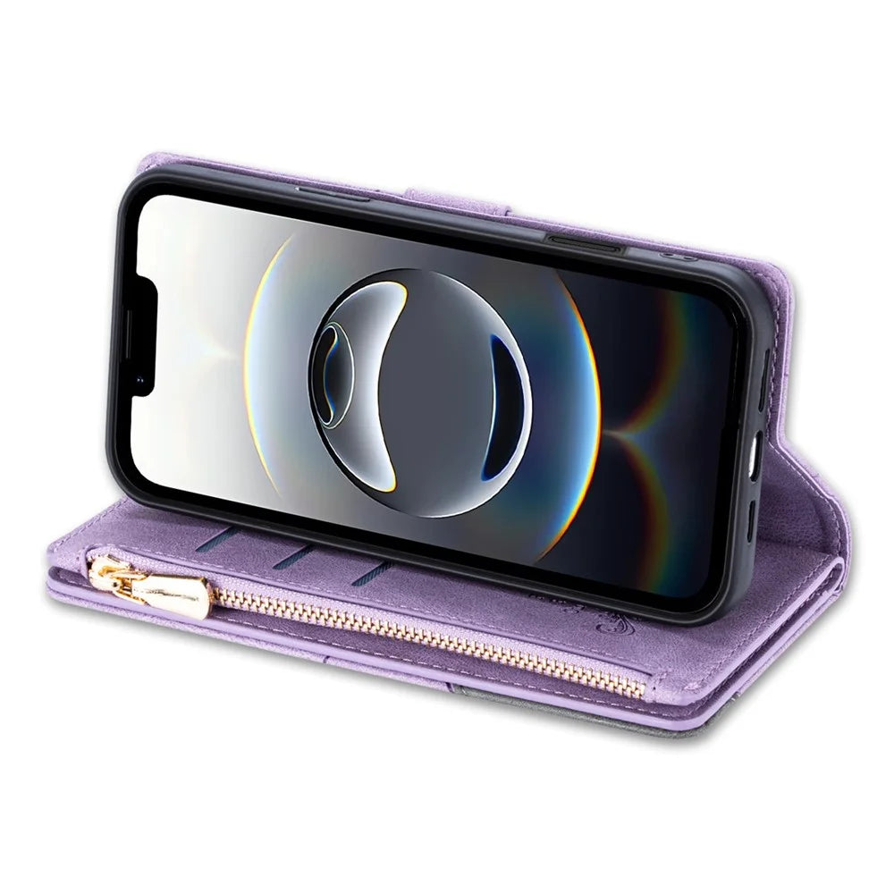 For iPhone 17e / 16e Wallet Case Color Splicing Leather Phone Cover with Stand - Purple - 4