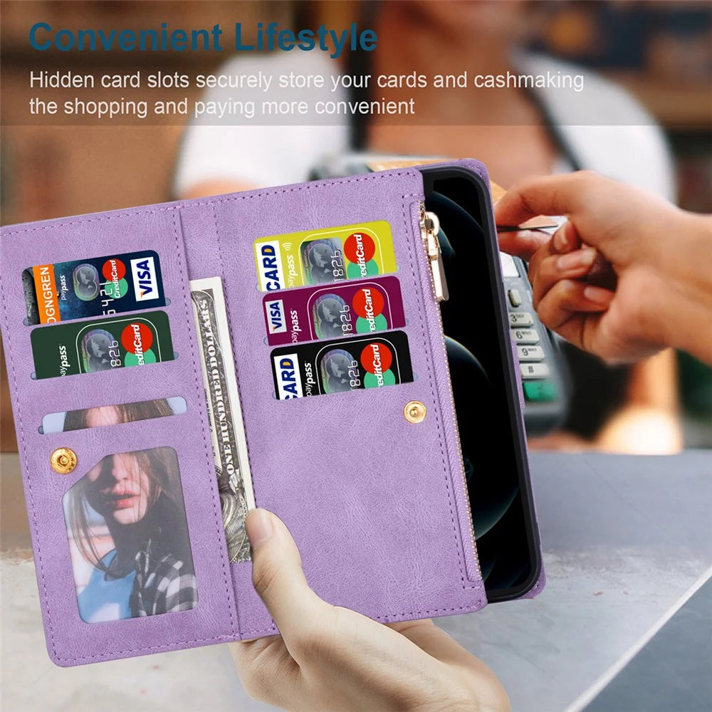 For iPhone 17e / 16e Wallet Case Color Splicing Leather Phone Cover with Stand - Purple - 7