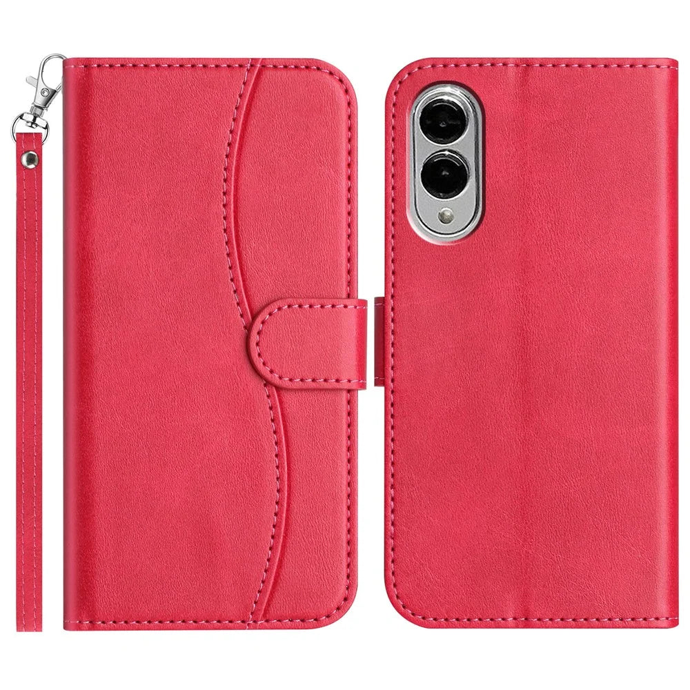 For Samsung Galaxy S25 Edge Stand Case with Strap PU Leather Wallet Phone Cover S Shape Stitching Design - Rose - 1