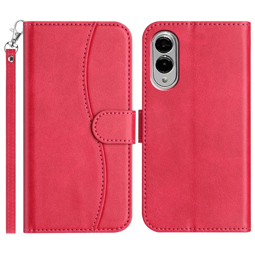 For Samsung Galaxy S25 Edge Stand Case with Strap PU Leather Wallet Phone Cover S Shape Stitching Design - Rose - 1