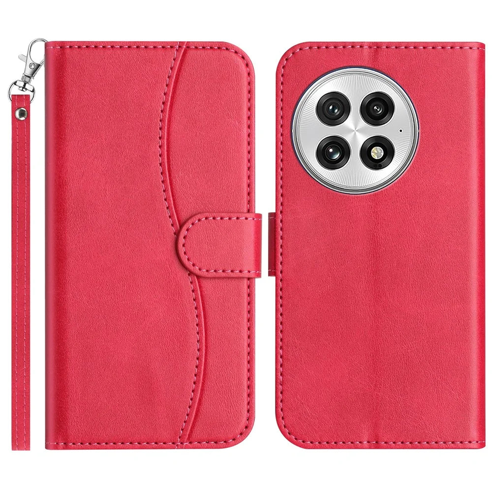 For OnePlus 13 Stand Case with Strap PU Leather Wallet Phone Cover S Shape Stitching Design - Rose - 1