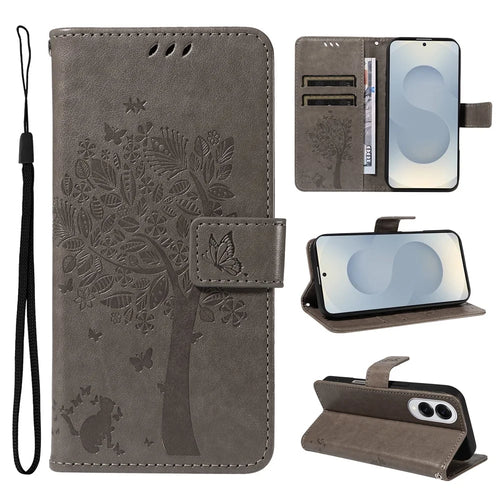 For Samsung Galaxy S25 Edge Phone Case with Stand Cat Tree Pattern Leather Wallet Mobile Cover - Grey - 1