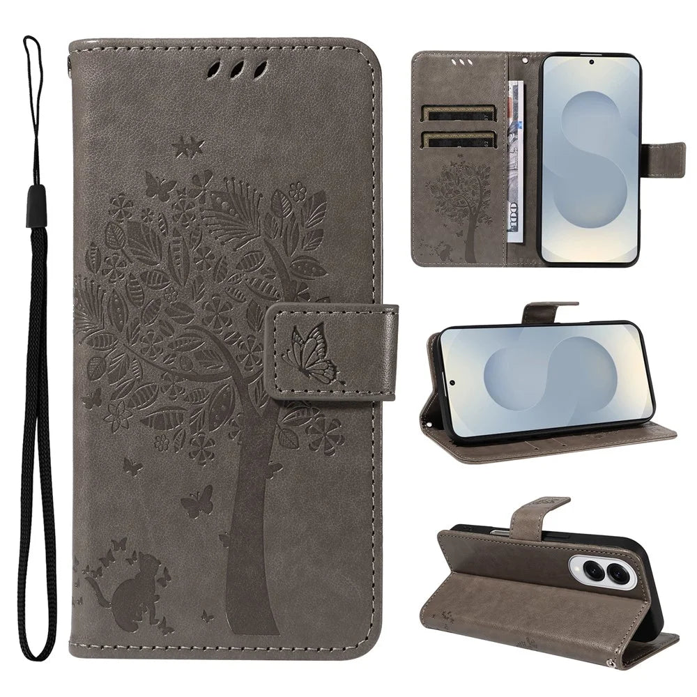 For Samsung Galaxy S25 Edge Phone Case with Stand Cat Tree Pattern Leather Wallet Mobile Cover - Grey - 1