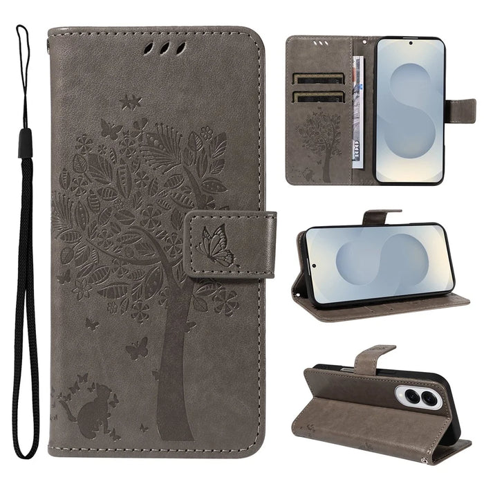 For Samsung Galaxy S25 Edge Phone Case with Stand Cat Tree Pattern Leather Wallet Mobile Cover - Grey - 1