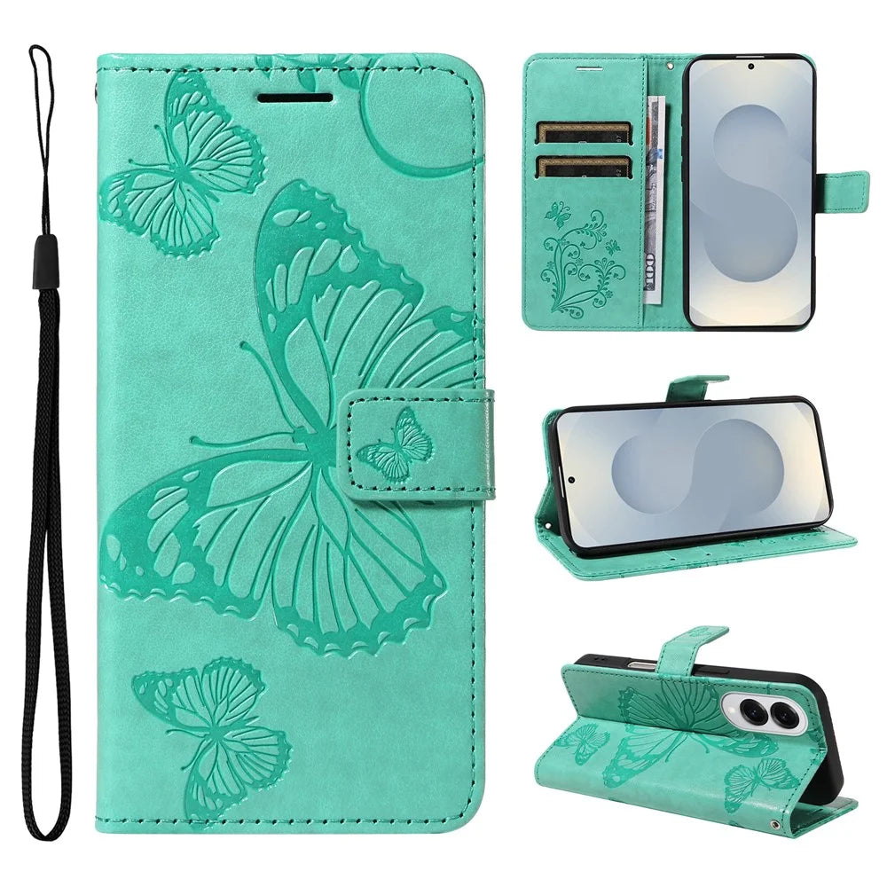 For Samsung Galaxy S25 Edge Wallet Case Floral Butterfly Imprinted Leather Phone Cover Stand -  Green - 1