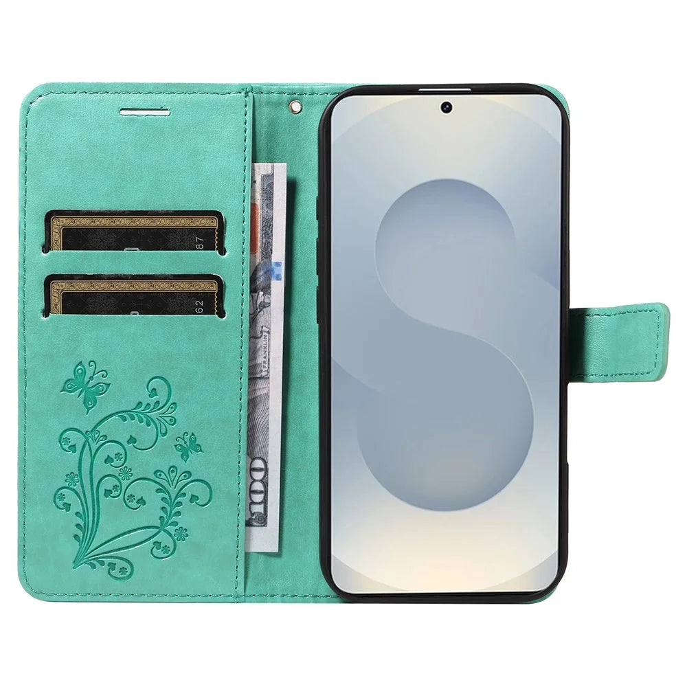 For Samsung Galaxy S25 Edge Wallet Case Floral Butterfly Imprinted Leather Phone Cover Stand -  Green - 2