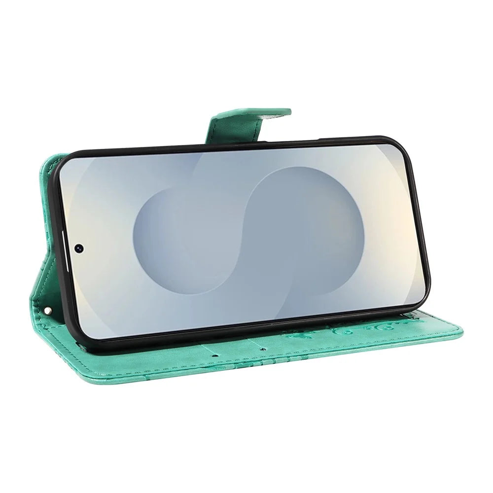 For Samsung Galaxy S25 Edge Wallet Case Floral Butterfly Imprinted Leather Phone Cover Stand -  Green - 3
