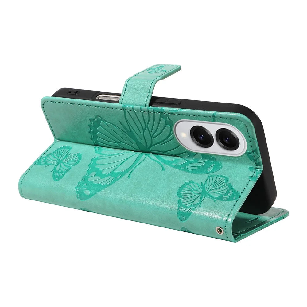 For Samsung Galaxy S25 Edge Wallet Case Floral Butterfly Imprinted Leather Phone Cover Stand -  Green - 4