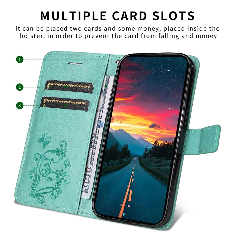 For Samsung Galaxy S25 Edge Wallet Case Floral Butterfly Imprinted Leather Phone Cover Stand -  Green - 7