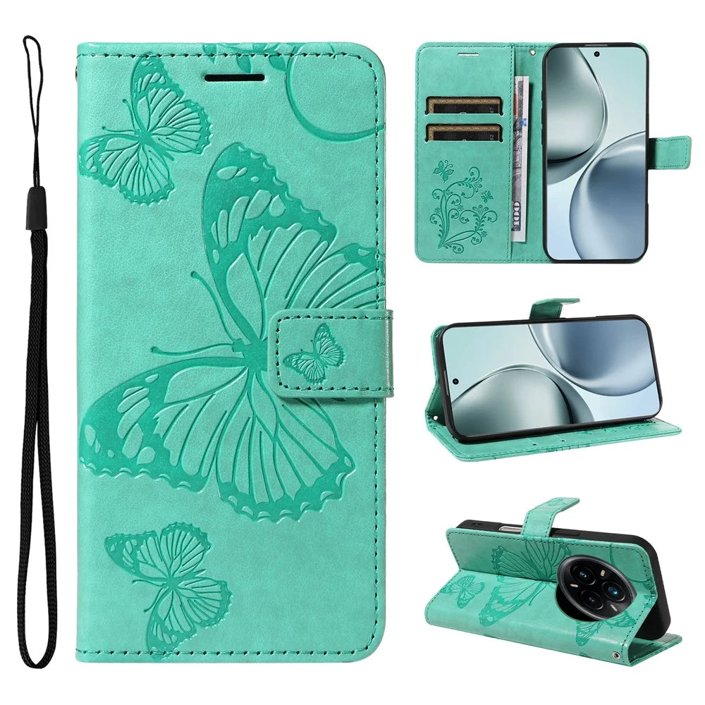 For Realme 14 Pro+ 5G Wallet Case Floral Butterfly Imprinted Leather Phone Cover Stand -  Green - 1