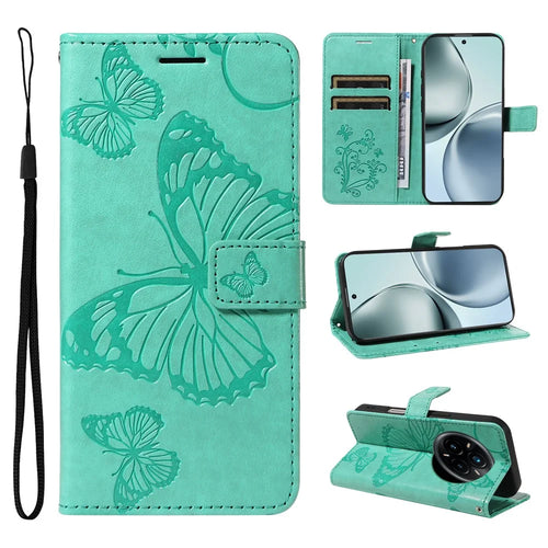 For Realme 14 Pro+ 5G Wallet Case Floral Butterfly Imprinted Leather Phone Cover Stand -  Green - 1