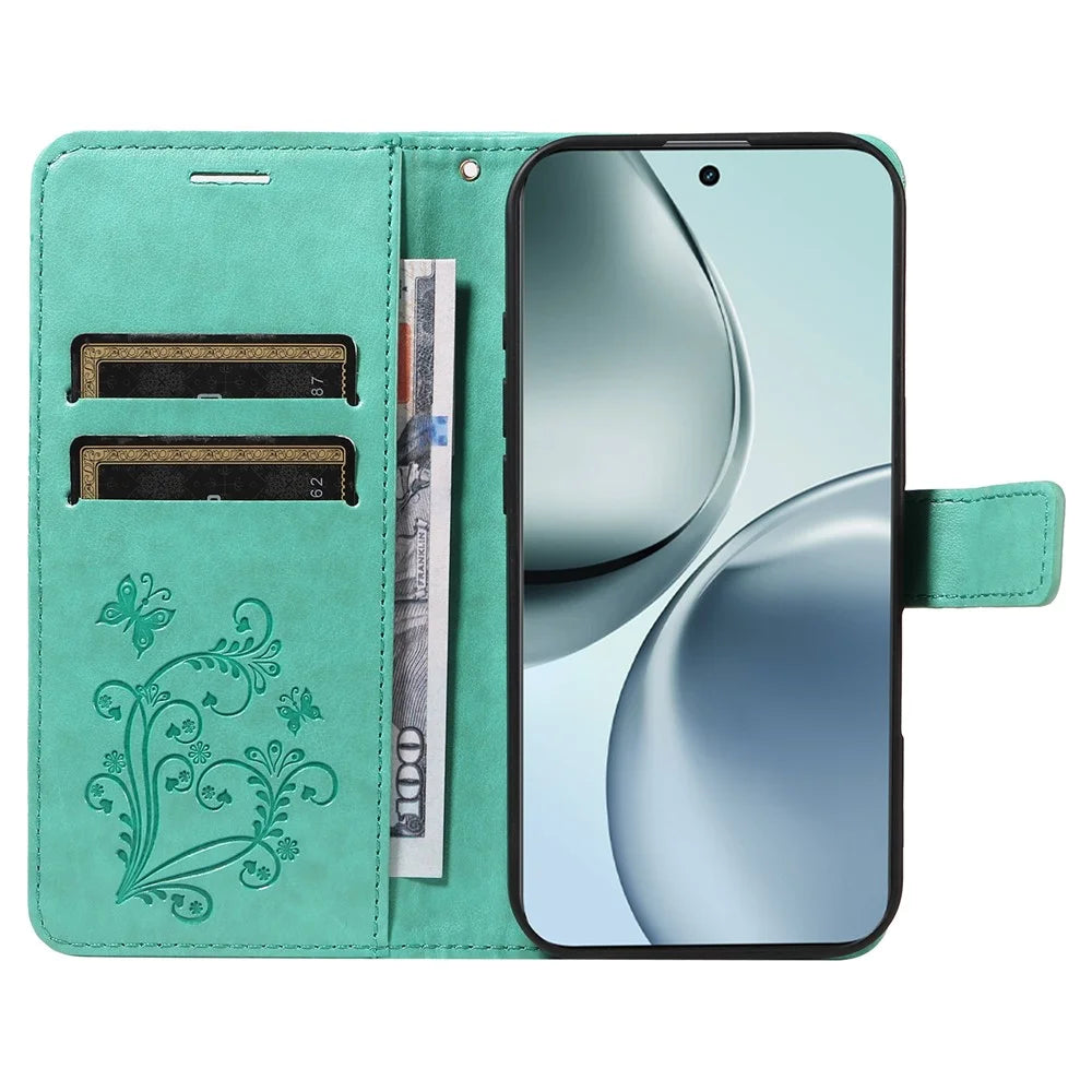 For Realme 14 Pro+ 5G Wallet Case Floral Butterfly Imprinted Leather Phone Cover Stand -  Green - 2