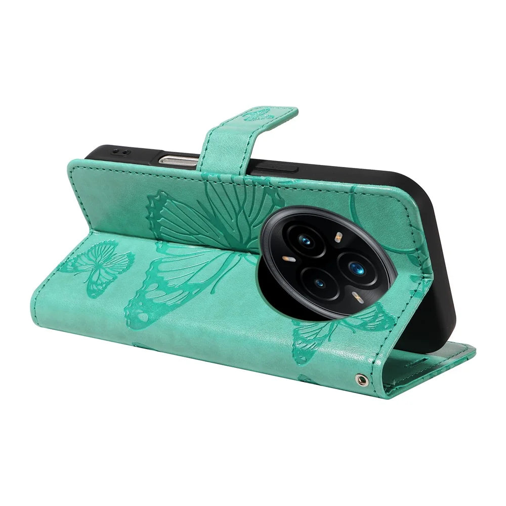 For Realme 14 Pro+ 5G Wallet Case Floral Butterfly Imprinted Leather Phone Cover Stand -  Green - 4