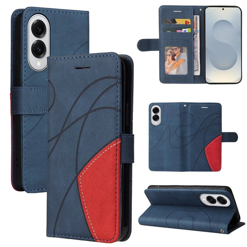 For Samsung Galaxy S25 Edge Leather Phone Case Stand Wallet with Bi-colour Splicing Design - Blue - 1