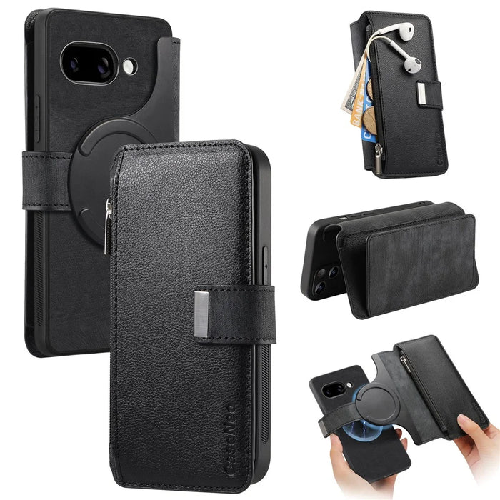 CASENEO For Google Pixel 9a Case  MW-02 Detachable Magnetic Leather Flip Phone Cover - Black - 1