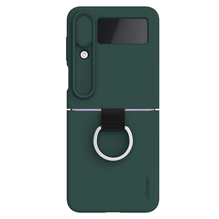 NILLKIN for Samsung Galaxy Z Flip4 5G Camera Lens Slide Cover Design Liquid Silicone Phone Case Drop-proof Protective Cover with Finger Ring - Green - 1