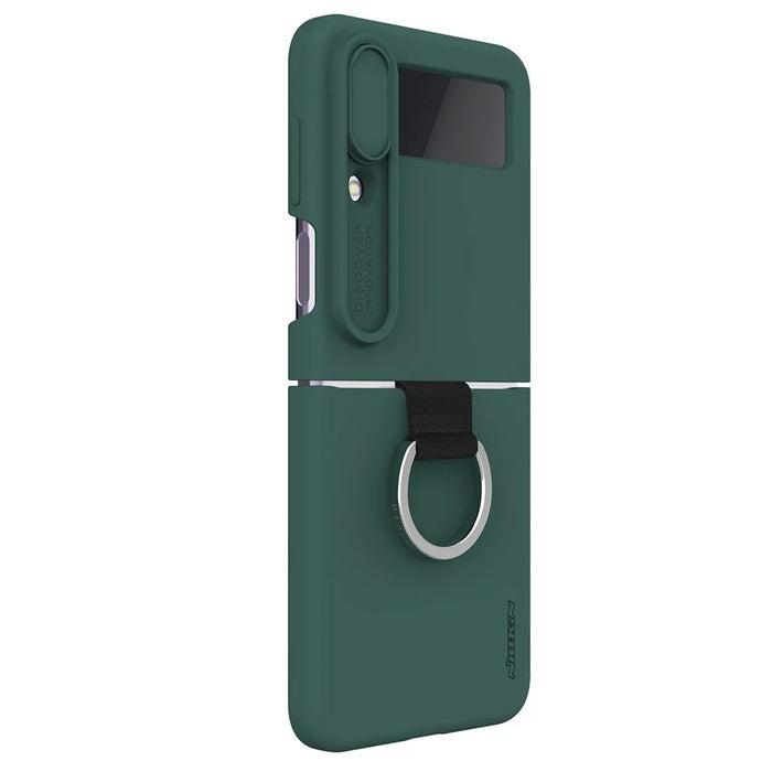 NILLKIN for Samsung Galaxy Z Flip4 5G Camera Lens Slide Cover Design Liquid Silicone Phone Case Drop-proof Protective Cover with Finger Ring - Green - 4