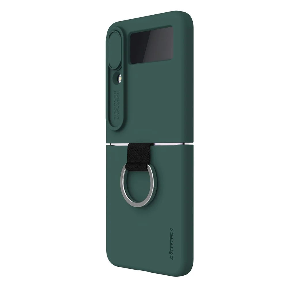 NILLKIN for Samsung Galaxy Z Flip4 5G Camera Lens Slide Cover Design Liquid Silicone Phone Case Drop-proof Protective Cover with Finger Ring - Green - 5