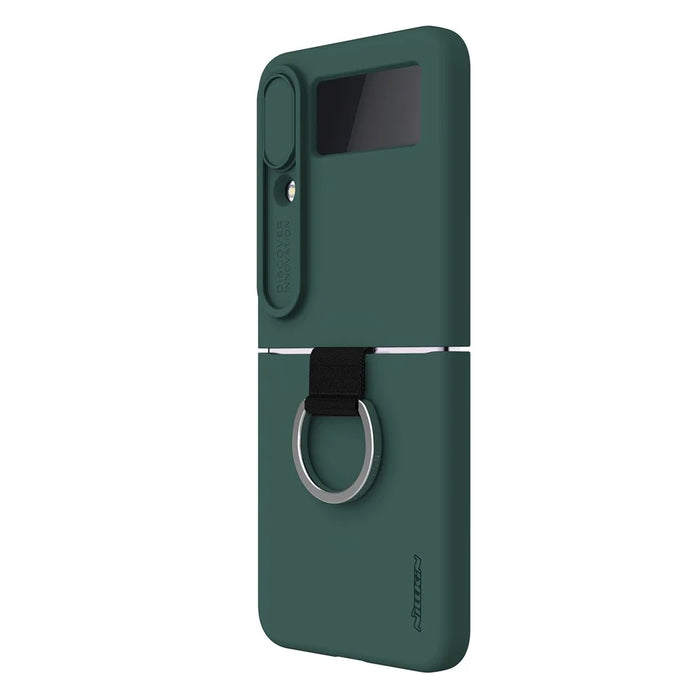 NILLKIN for Samsung Galaxy Z Flip4 5G Camera Lens Slide Cover Design Liquid Silicone Phone Case Drop-proof Protective Cover with Finger Ring - Green - 5