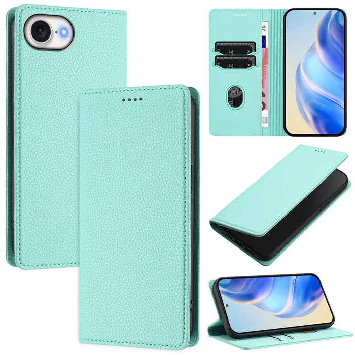 For iPhone 17e / 16e Wallet Case RFID Blocking Litchi Texture Leather Mobile Cover - Mint Green - 1