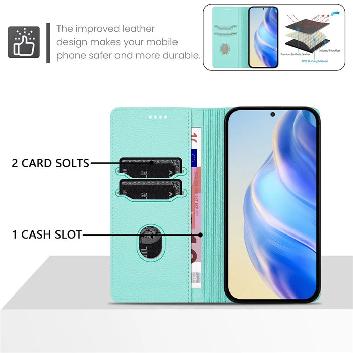 For iPhone 17e / 16e Wallet Case RFID Blocking Litchi Texture Leather Mobile Cover - Mint Green - 3