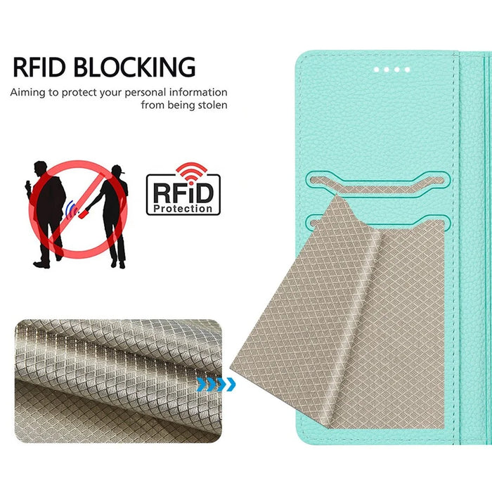 For iPhone 17e / 16e Wallet Case RFID Blocking Litchi Texture Leather Mobile Cover - Mint Green - 5