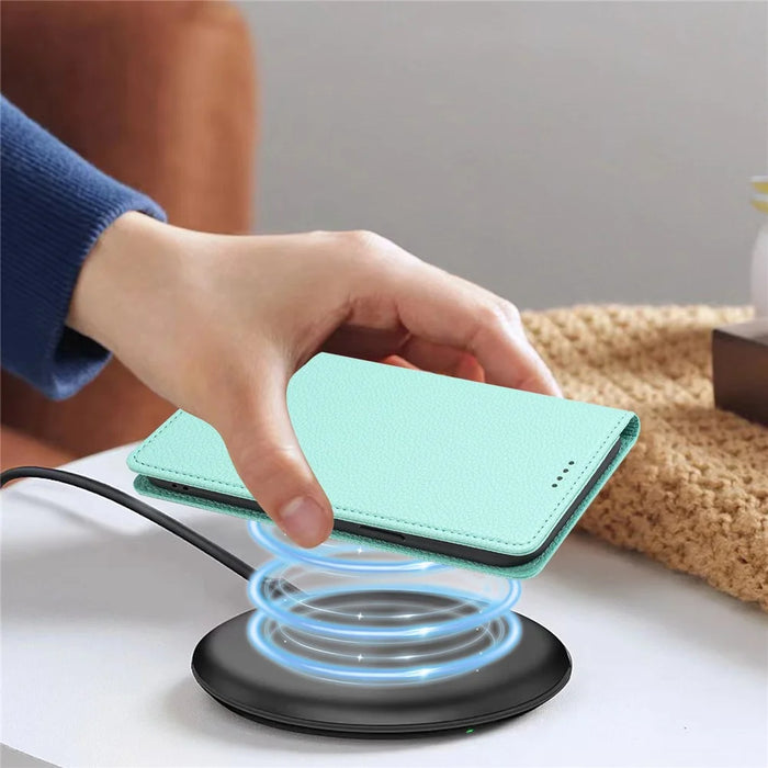 For iPhone 17e / 16e Wallet Case RFID Blocking Litchi Texture Leather Mobile Cover - Mint Green - 6