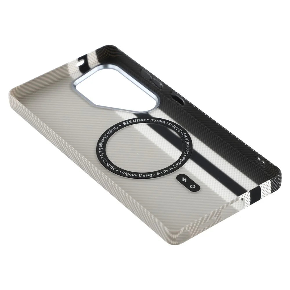 For Samsung Galaxy S25 Ultra Magnetic Case Carbon Fiber Texture Water Transfer PC Phone Cover - Grey Vertical Stripes - 5