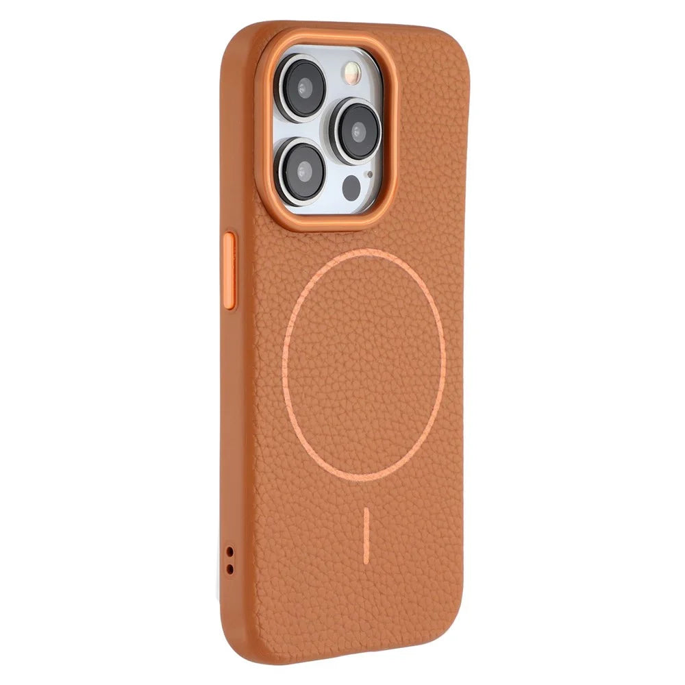 For iPhone 15 Pro Magnetic Case Litchi Texture TPU Phone Cover Compatible with MagSafe - Brown - 1