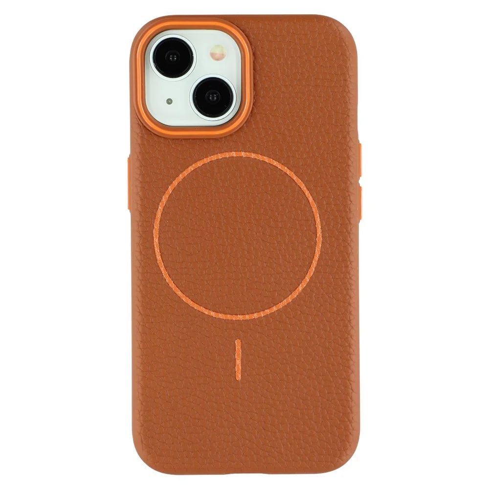 For iPhone 14 Magnetic Case Litchi Texture TPU Phone Cover Compatible with MagSafe - Brown - 3