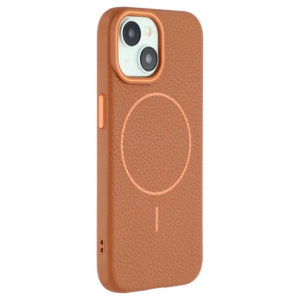 For iPhone 15 Magnetic Case Litchi Texture TPU Phone Cover Compatible with MagSafe - Brown - 1