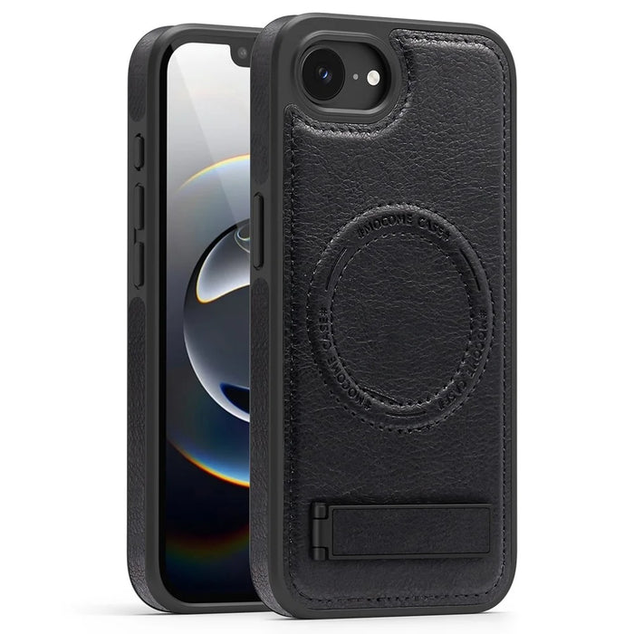 For iPhone 17e / 16e Case Compatible with MagSafe with Folded Kickstand PC Silicone Leather Phone Back Cover  - Black - 1