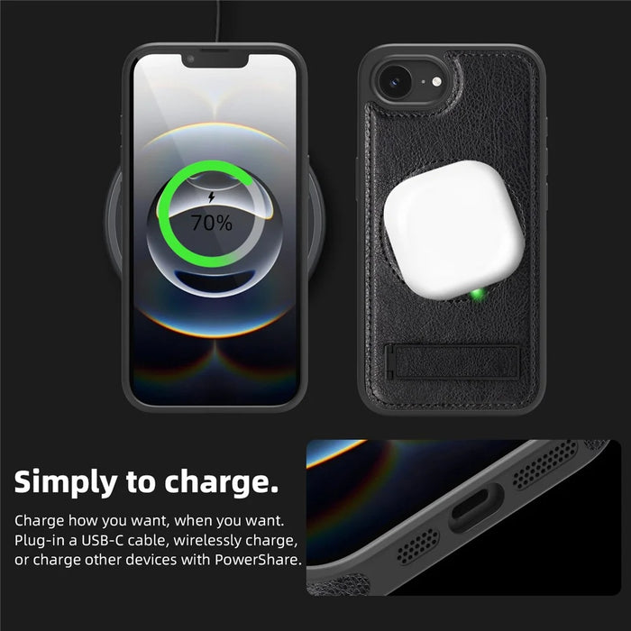 For iPhone 17e / 16e Case Compatible with MagSafe with Folded Kickstand PC Silicone Leather Phone Back Cover  - Black - 2