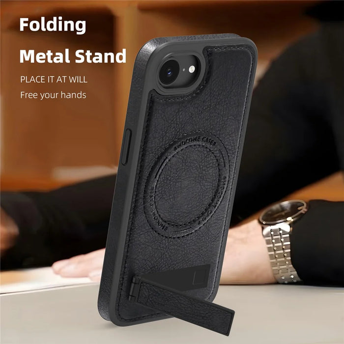 For iPhone 17e / 16e Case Compatible with MagSafe with Folded Kickstand PC Silicone Leather Phone Back Cover  - Black - 3