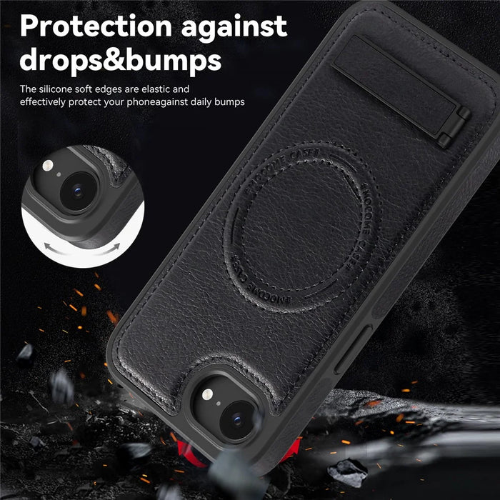 For iPhone 17e / 16e Case Compatible with MagSafe with Folded Kickstand PC Silicone Leather Phone Back Cover  - Black - 4
