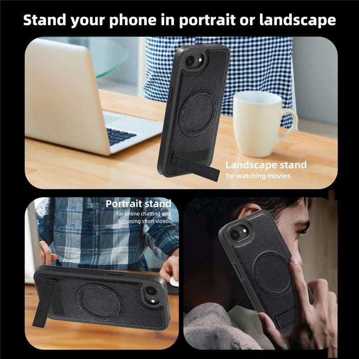 For iPhone 17e / 16e Case Compatible with MagSafe with Folded Kickstand PC Silicone Leather Phone Back Cover  - Black - 6
