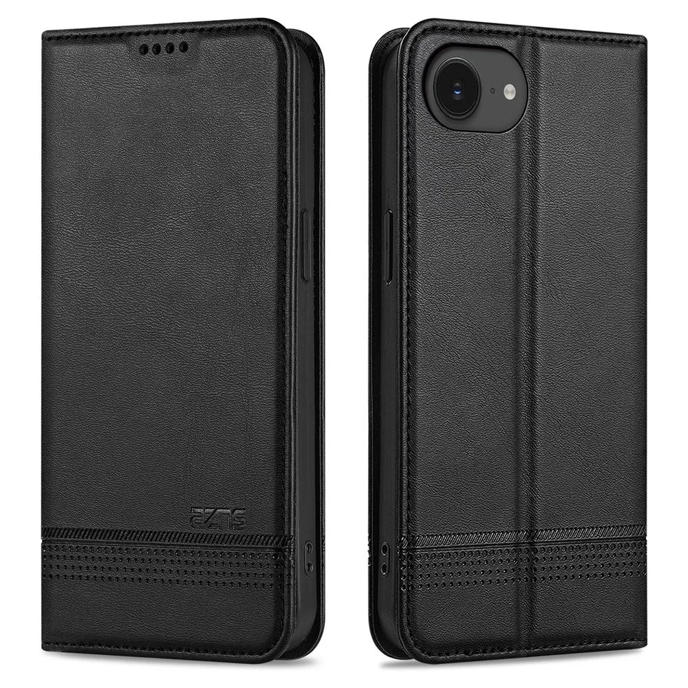 AZNS For iPhone 17e / 16e Case Cowhide Texture PU Leather Wallet Phone Cover - Black - 1