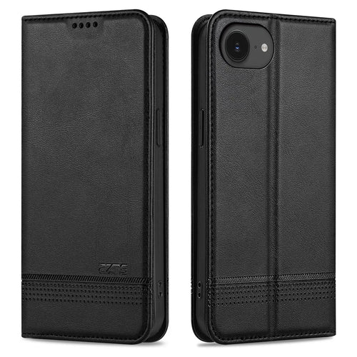 AZNS For iPhone 17e / 16e Case Cowhide Texture PU Leather Wallet Phone Cover - Black - 1