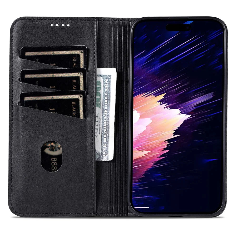 AZNS For iPhone 17e / 16e Case Cowhide Texture PU Leather Wallet Phone Cover - Black - 2