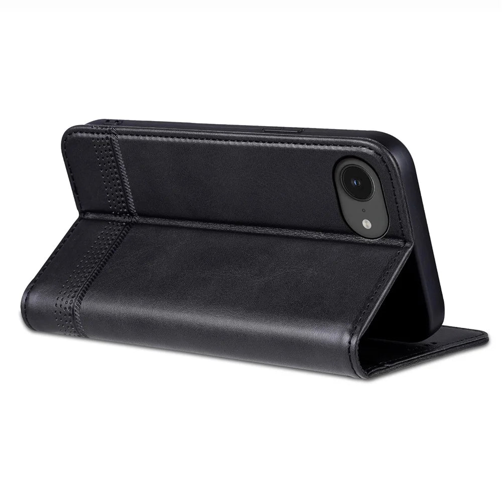 AZNS For iPhone 17e / 16e Case Cowhide Texture PU Leather Wallet Phone Cover - Black - 4