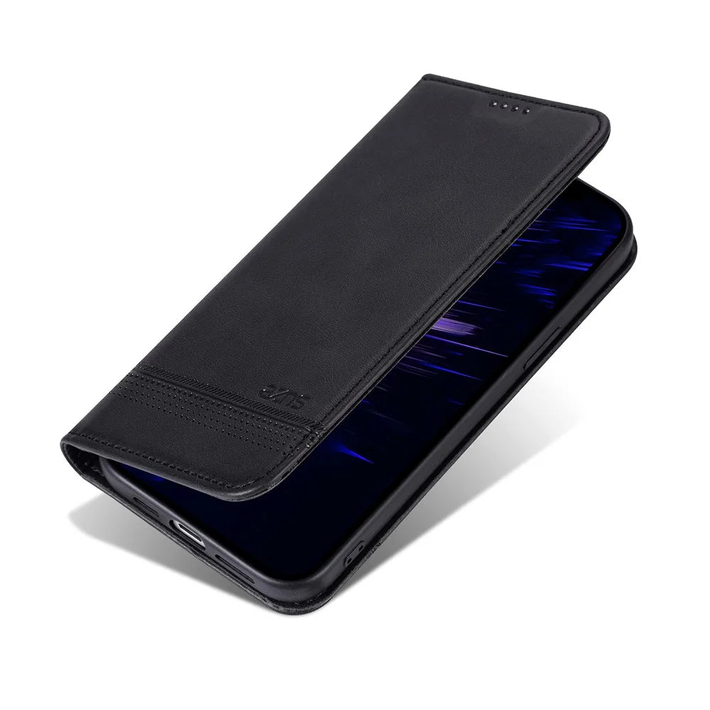 AZNS For iPhone 17e / 16e Case Cowhide Texture PU Leather Wallet Phone Cover - Black - 5