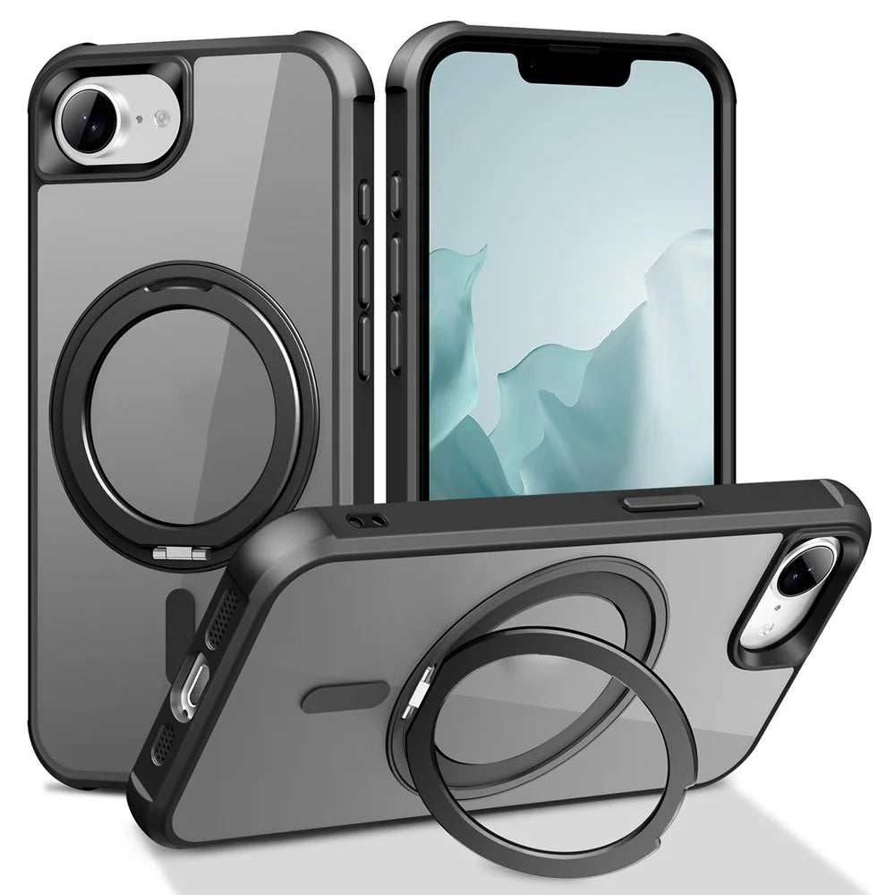 For iPhone 17e / 16e Case Magnetic Rotatable Ring Kickstand TPU + PC Phone Cover - Black - 1
